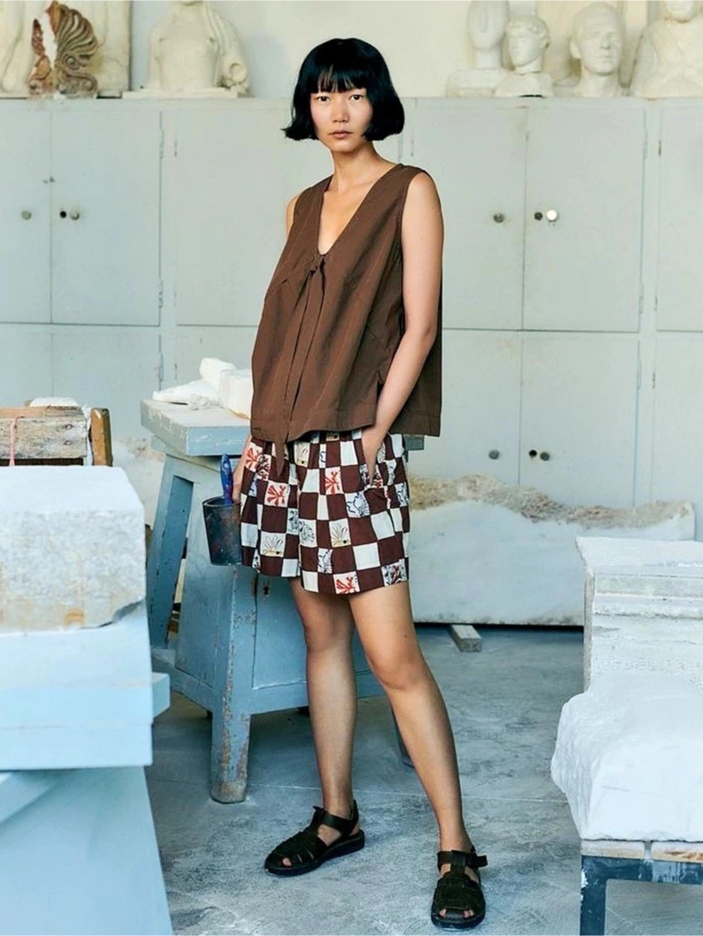 Toast Checkered Cotton Shorts in Brown & White Size 12